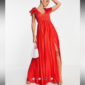 ASOS DESIGN frill sleeve plisse maxi dress in red